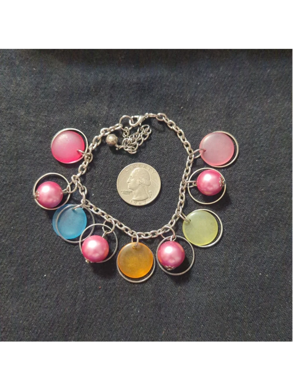 Silver Tone Pink Faux Pearl Multi-Color Charm Chain Link Statement Bracelet
